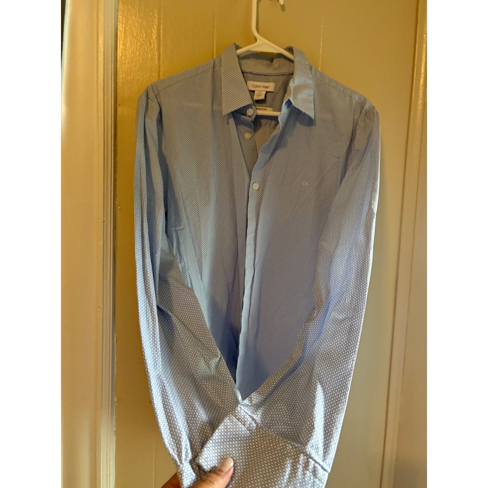 Calvin Klein Mens Slim Fit Geometric Micro Print Button Down Shirt Blue Large - Picture 4 of 7